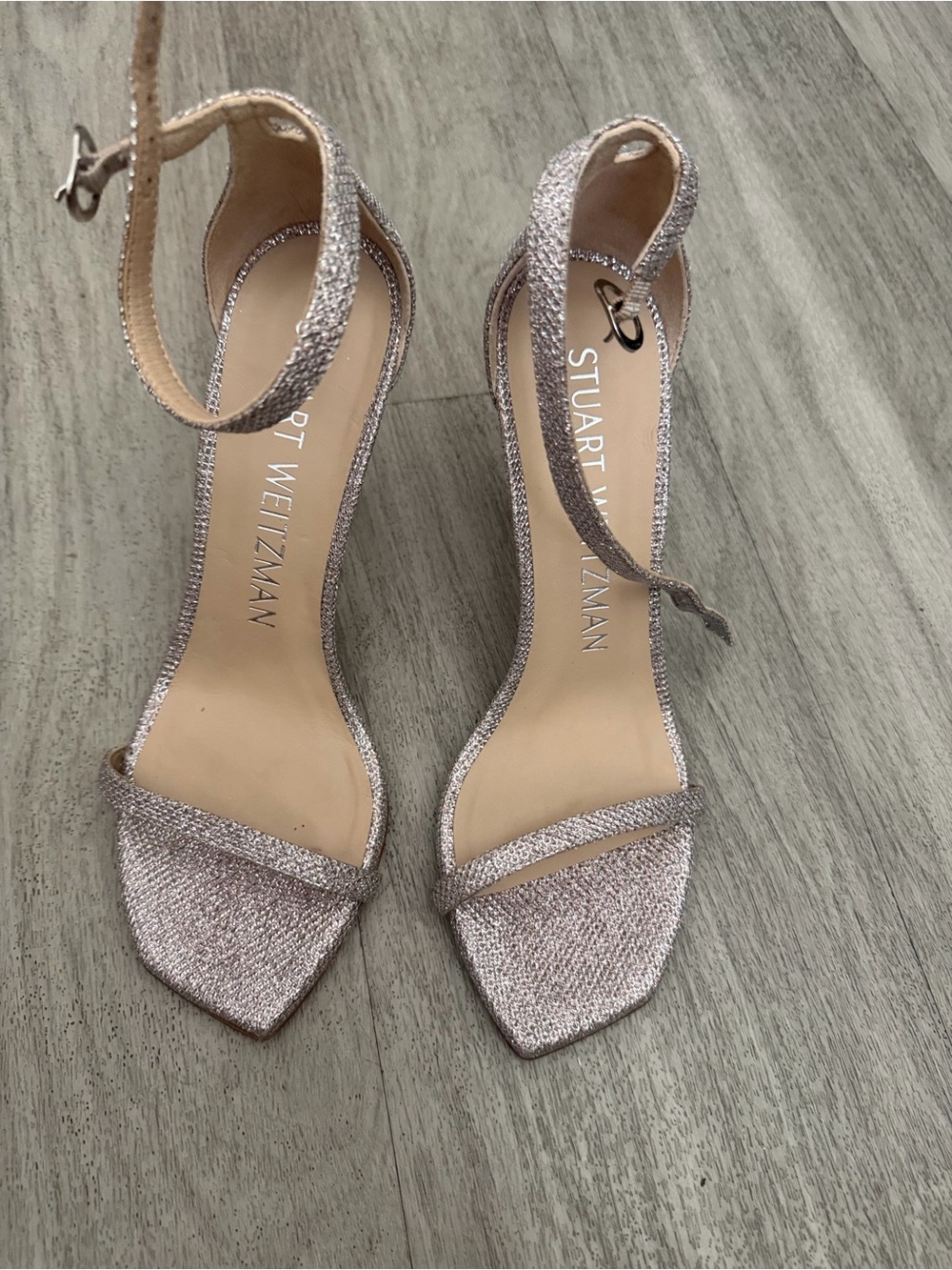 Stuart Weitzman Rose Metallic Ankle-Strap Heels sz 8